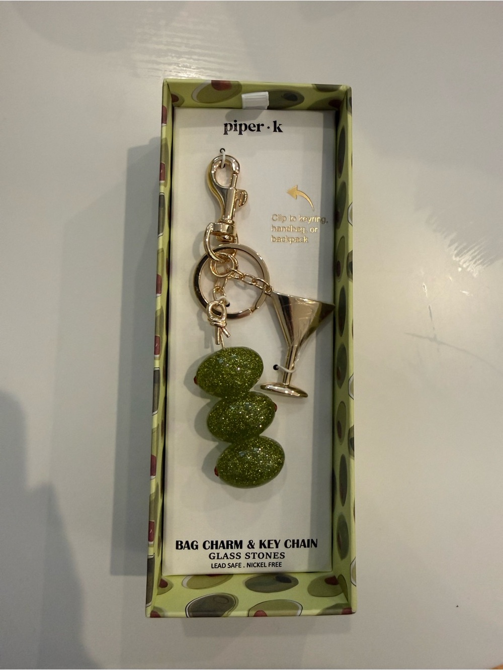 NWT Piper K Green Glitter Olive & Martini Bag Charm Key Chain